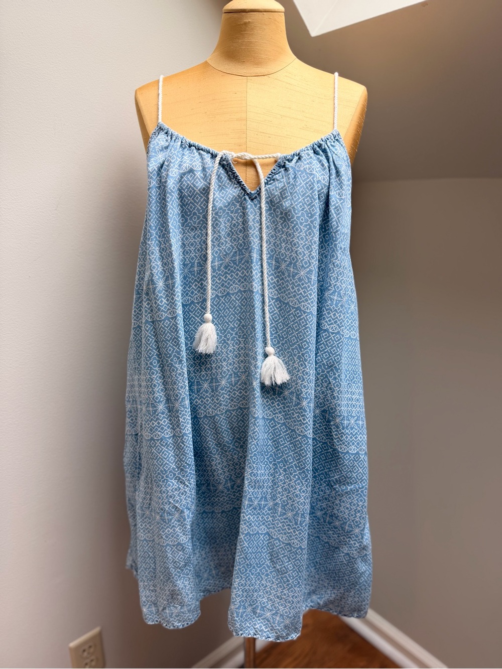 aerie Light Blue Patterned Tassel Sundress